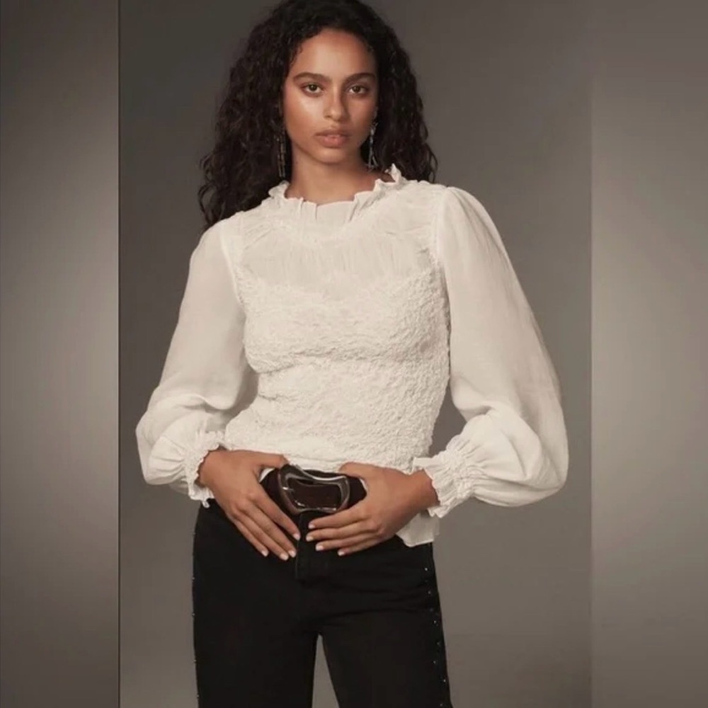 By Anthropologie Balloon-Sleeve Smocked Peplum Blouse
Top in White size M
